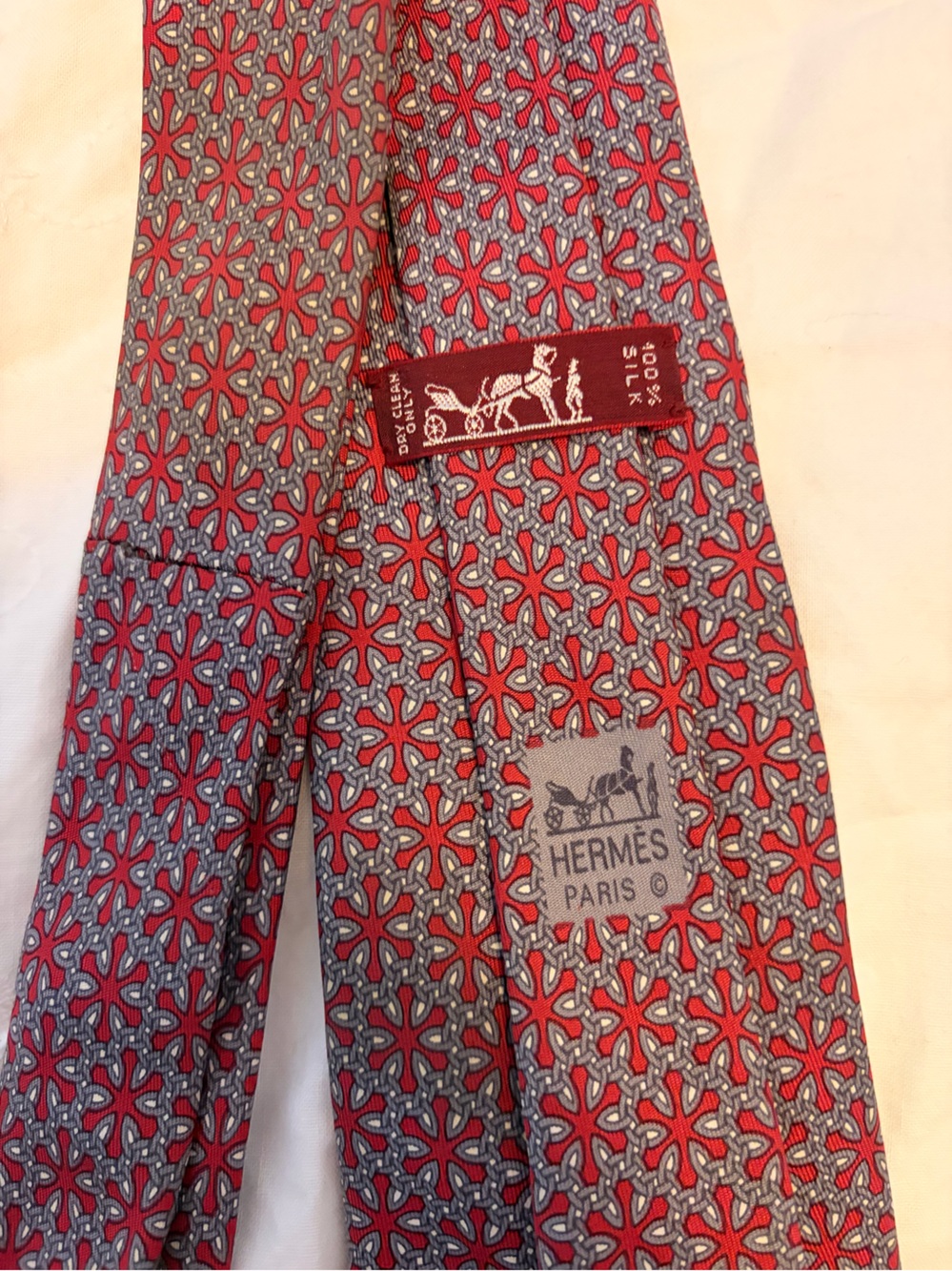 Hermes Red and Gray Geometric Silk Tie